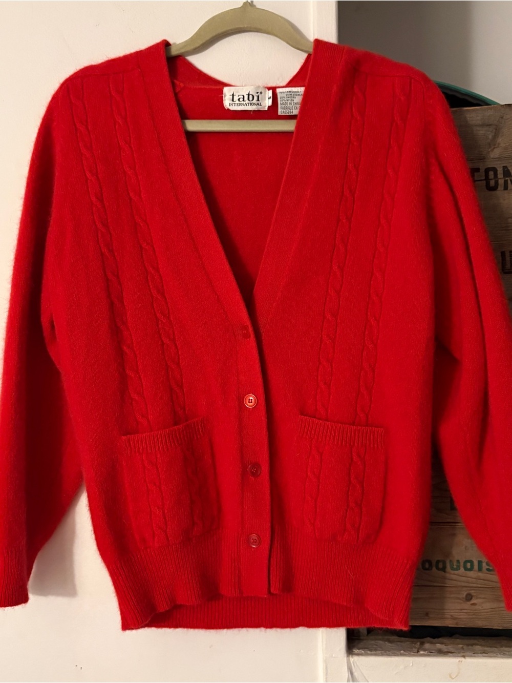 Vintage Wool and Angora Blend Red Cable-Knit V-Neck Cardigan Sweater Size Medium